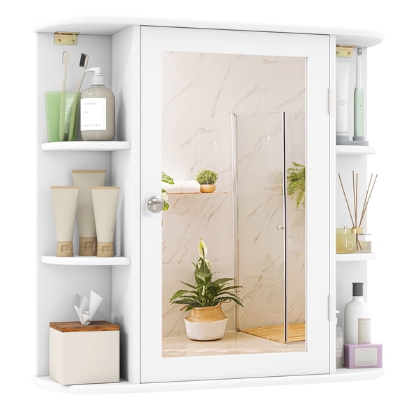Gymax Bathroom Wall Mount Storage Cabinet with Mirror and Adjustable Shelves, White