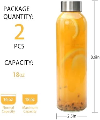 WLIKKS Glass Juice Bottle with Lids,16oz Juicing Bottles Reusable, Clear Glass Water Bottles 16 oz with Stainless Steel Airtight Cap,Juice Beverage Container, Leak Proof，Set of 2