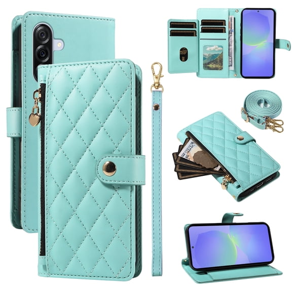 For Samsung Galaxy A36 5G Wallet Case with Zipper Card Slots,RFID Blocking Large Capacity Elegant PU Leather Magnetic Flip Case Crossbody Strap Hand Lanyard for Travel / Daily Carrying,Green