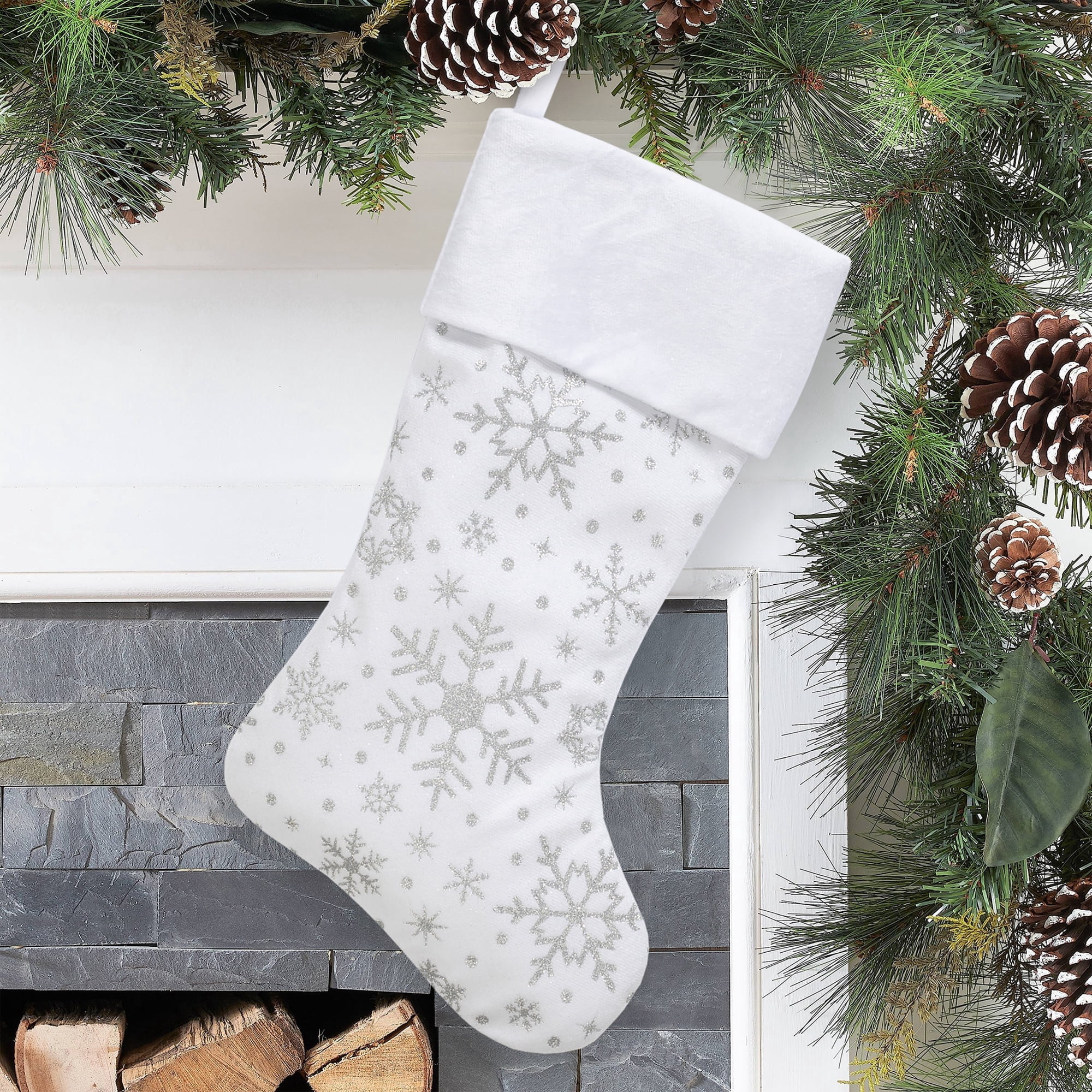 Velvet Snowflake Christmas Stocking, White, 18", by Holiday Time