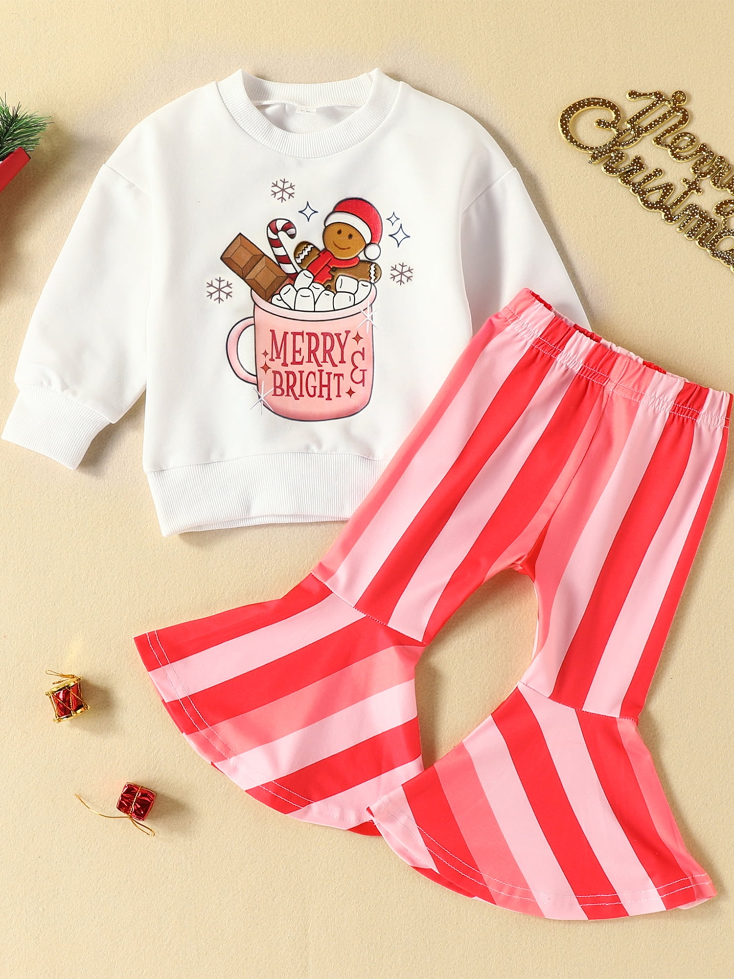 Christmas 3pcs Baby Red Long-sleeve Ruffle Top and All Over Gingerbread Man Print Trousers Set