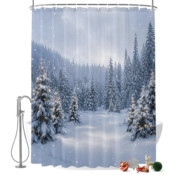 Winter Forest Shower Curtain, Country Snow-covered Evergreen Trees Waterproof Washable Fabric Bathroom Shower Curtain with 12 Hooks, 54" x 78"