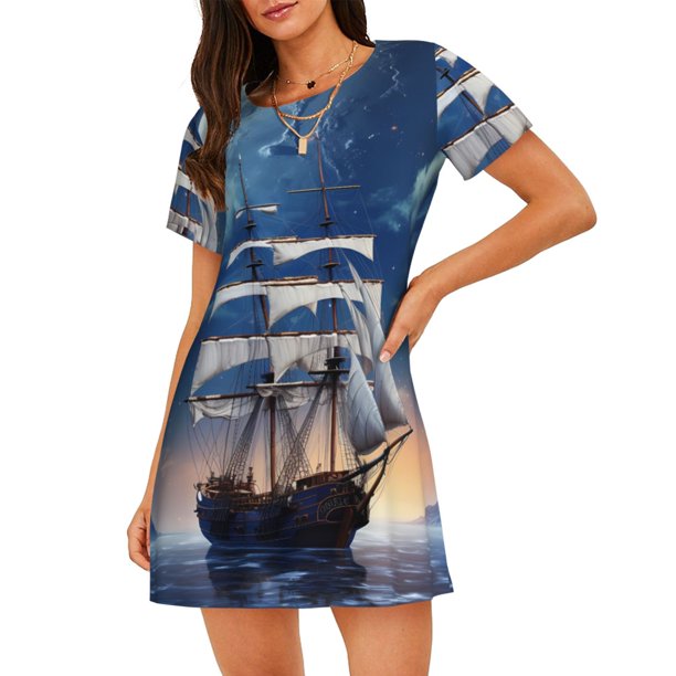 Disketp Moonlit Night Sea Sailboat para Camisón Corto de Manga Corta para Mujeres, Camisón Cómodo con Escote Redondo, Bonito y Confortable