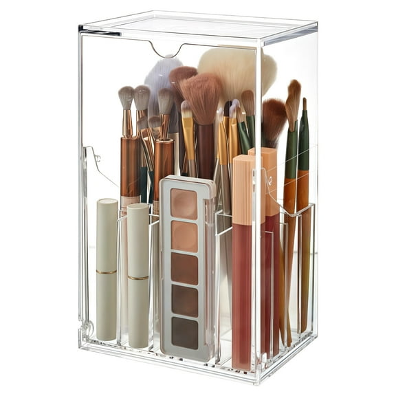 Acrylic Makeup Brush Holder with Lid, Transparent Organizer for Vanity, Makeup Brush and Cosmetic Storage with Multiple Slots, Large Capacity for Brushes, Lipsticks, and More