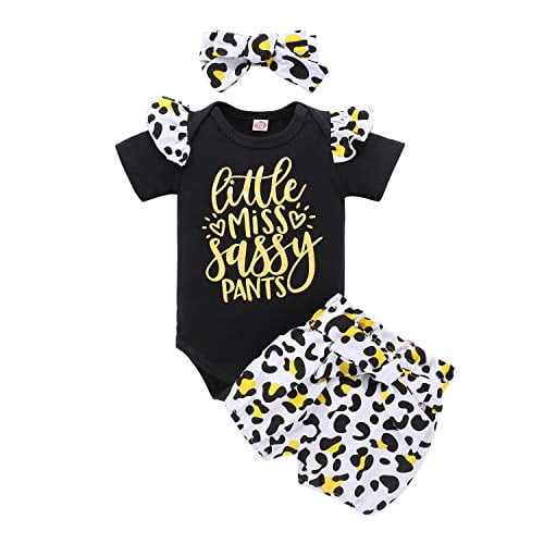 girls clothes 0-3 months summer baby outfits for photography leopard ruffle sleeve little miss sassy pants outfit for girls black