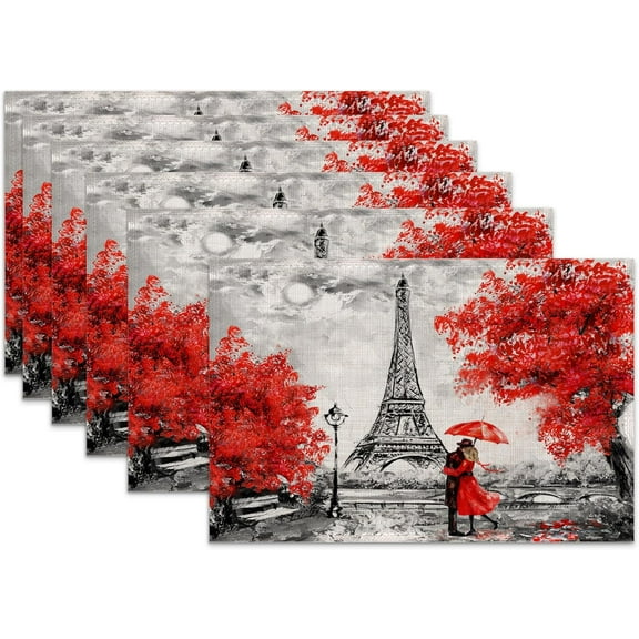 Placemats Set of 6,Vintage Eiffel Tower Linen Table Mats Heat Resistant Place Mats Washable Dining Table Mats for Indoor Outdoor Kitchen Decor Easy Clean 12 x 18 Inch