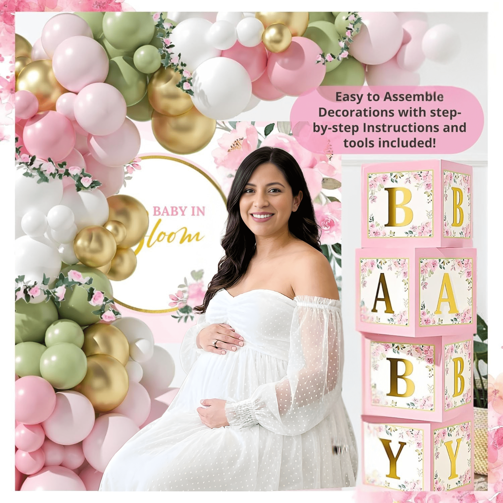 Happy Greetings Baby In Bloom Baby Shower Decoration Kit with Balloon Arch and BABY Boxes, Baby in Bloom Floral, For Girl, Pink and Sage Green, 338 Pieces