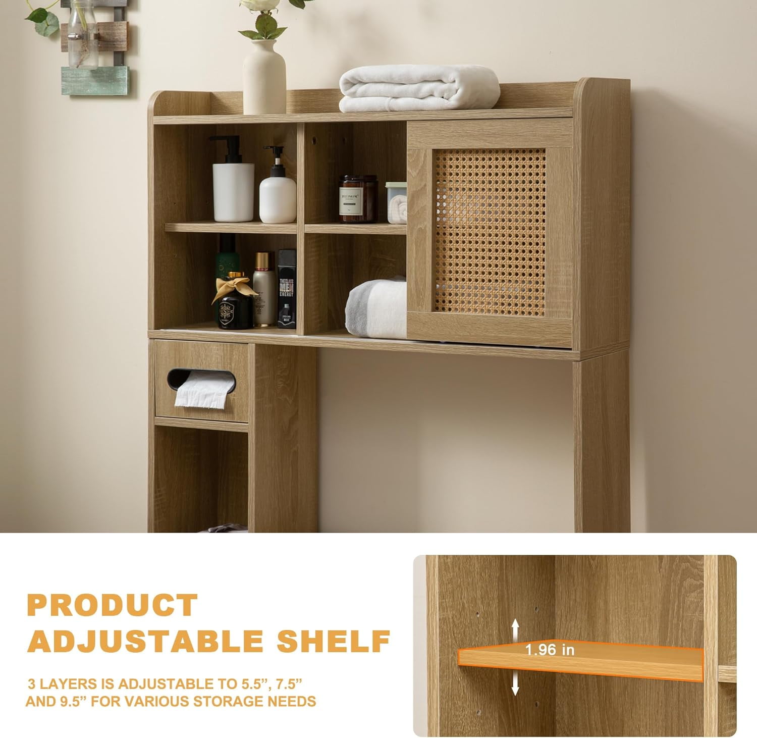 Reliancer 6-Tier Over The Toilet Storage Cabinet, Bathroom Space Saver Organizer Shelves with Sliding Door, Adjustable Shelves