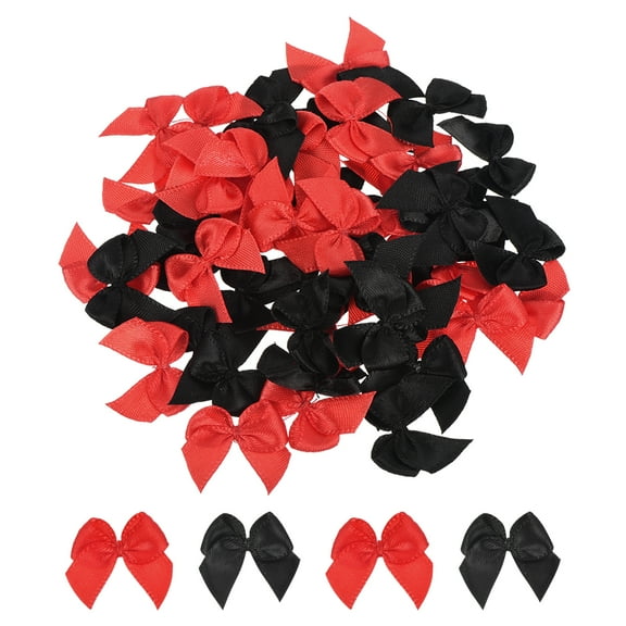50Pcs Mini Ribbon Bow 1" Mini Fabric Satin Ribbon Flower Bows for Craft DIY Sewing Wedding Birthday Party Black & Red