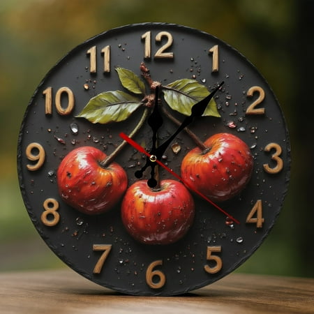 Wall Clock Decorative - Retro Red Cherry Pattern Print 2D Vintage Wall Clocks Battery Operated Silent Non-Ticking for Bedroom, Living Room, Kitchen, Office, Classroom, 10 Inch