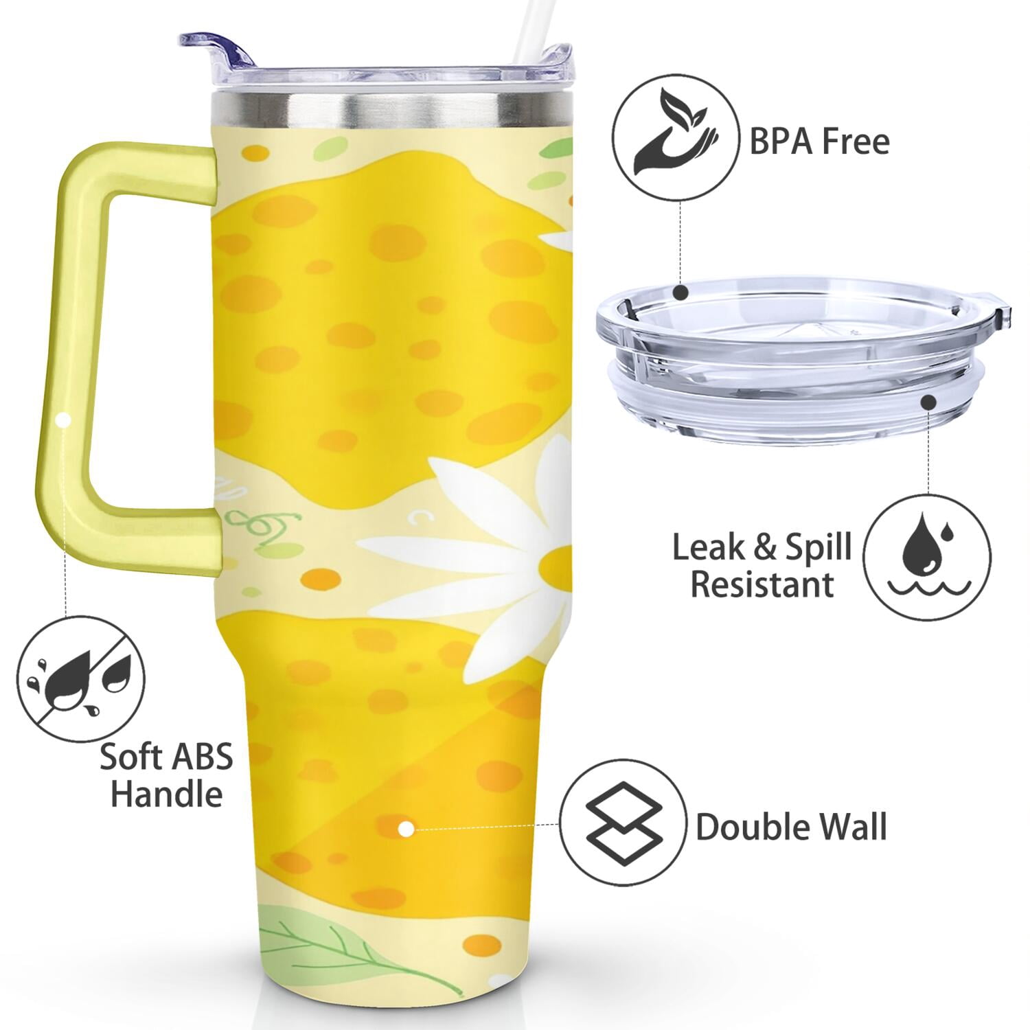40 oz Lemon Tumbler with Handle Vacuum Insulated Water Bottle Gift for Birthday Christmas Halloween