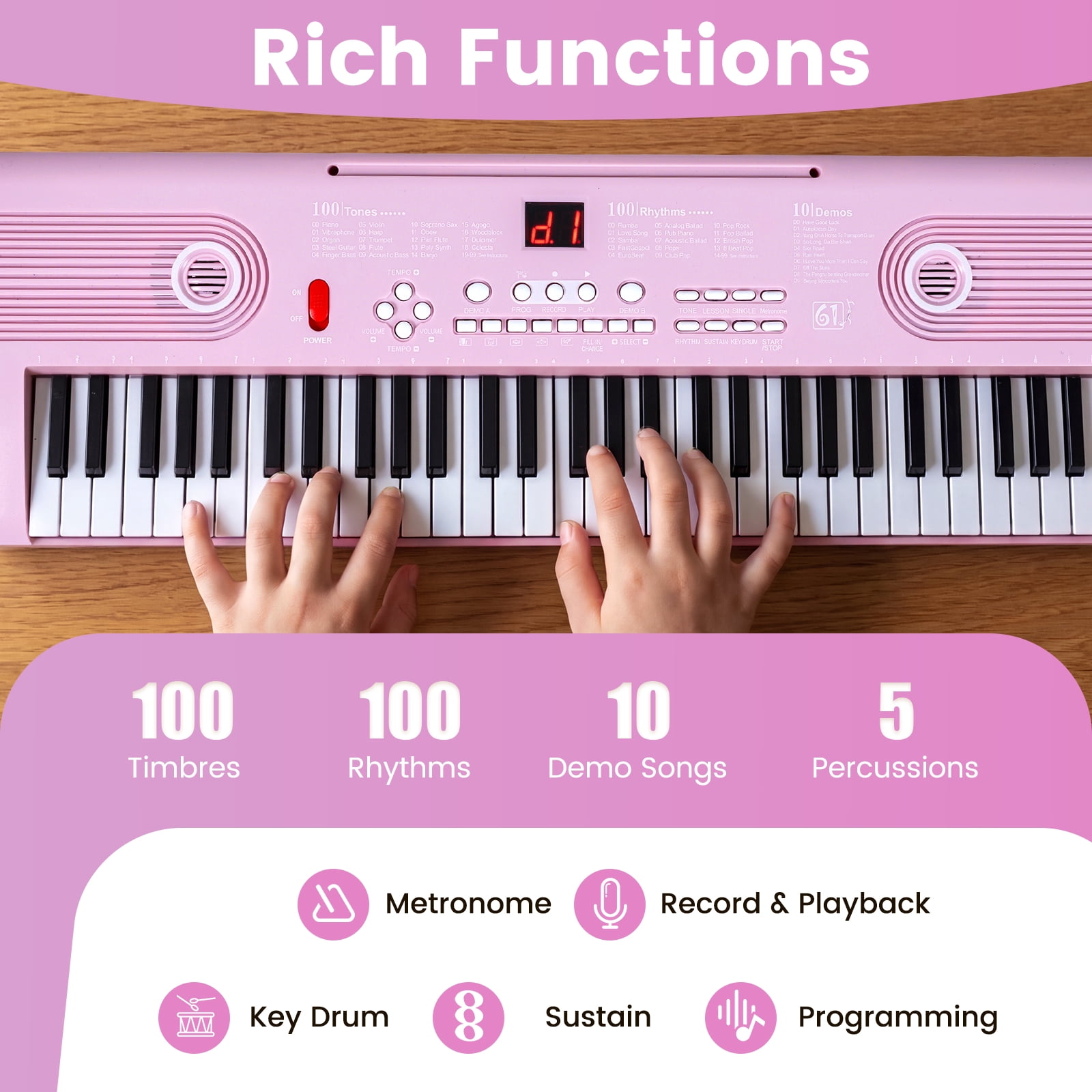 Costway 61Key Keyboard Piano for Beginners,Electric Portable Digital Piano with Music Stand Pink