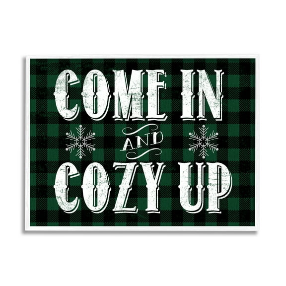 Stupell Industries Come In Cozy Up Phrase Snowflakes Green Plaid Traditional Painting White framed Art Print Wall Art, 11 x 14, Design by Daphne Polselli