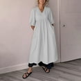 thumbnail image 5 of Miqool Womens Plus Size Cotton Linen 3/4 Sleeve Maxi Dress V Neck Pleated Casual A Line Flowy Long Dress Cocktail Dresses with Pockets, 5 of 9