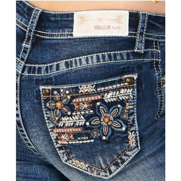 Grace In LA Women's Floral Crystal Embellished Pockets Bootcut Stretch Jeans (25)