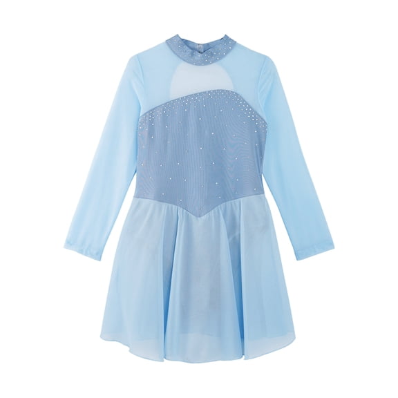 Hansber Figure Ice Skating Dress for Girls Rhinestone Mesh Long Sleeve Ballet Tutu Leotard Dress for Competitions Sky Blue 6