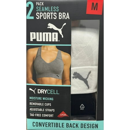 Puma Women's Convertible Seamless Sports Bra 2 Pack, Black/White, M