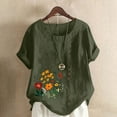 thumbnail image 2 of Feancey Tunic Tops for Women Loose Fit Dressy Casual Linen Blouse Boho Floral Printed Plus Size T Shirts Summer Short Sleeve Crewneck Tees Army Green L, 2 of 5