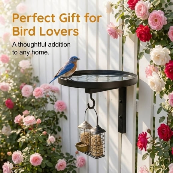 Wall Mounted Metal Bird Bath & Feeder Tray, 9 Inch Round Platform With Hanging Hook For Garden Balcony Patio Outdoor Decor