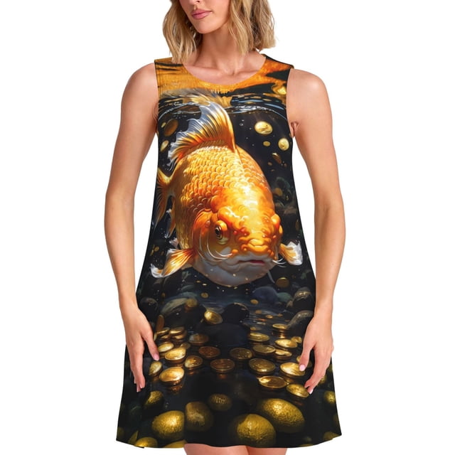 Balery Golden Koi And Treasure Vestidos de verano para mujer con estampado: vestido holgado sin mangas, vestido playero informal y cómodo para días calurosos.