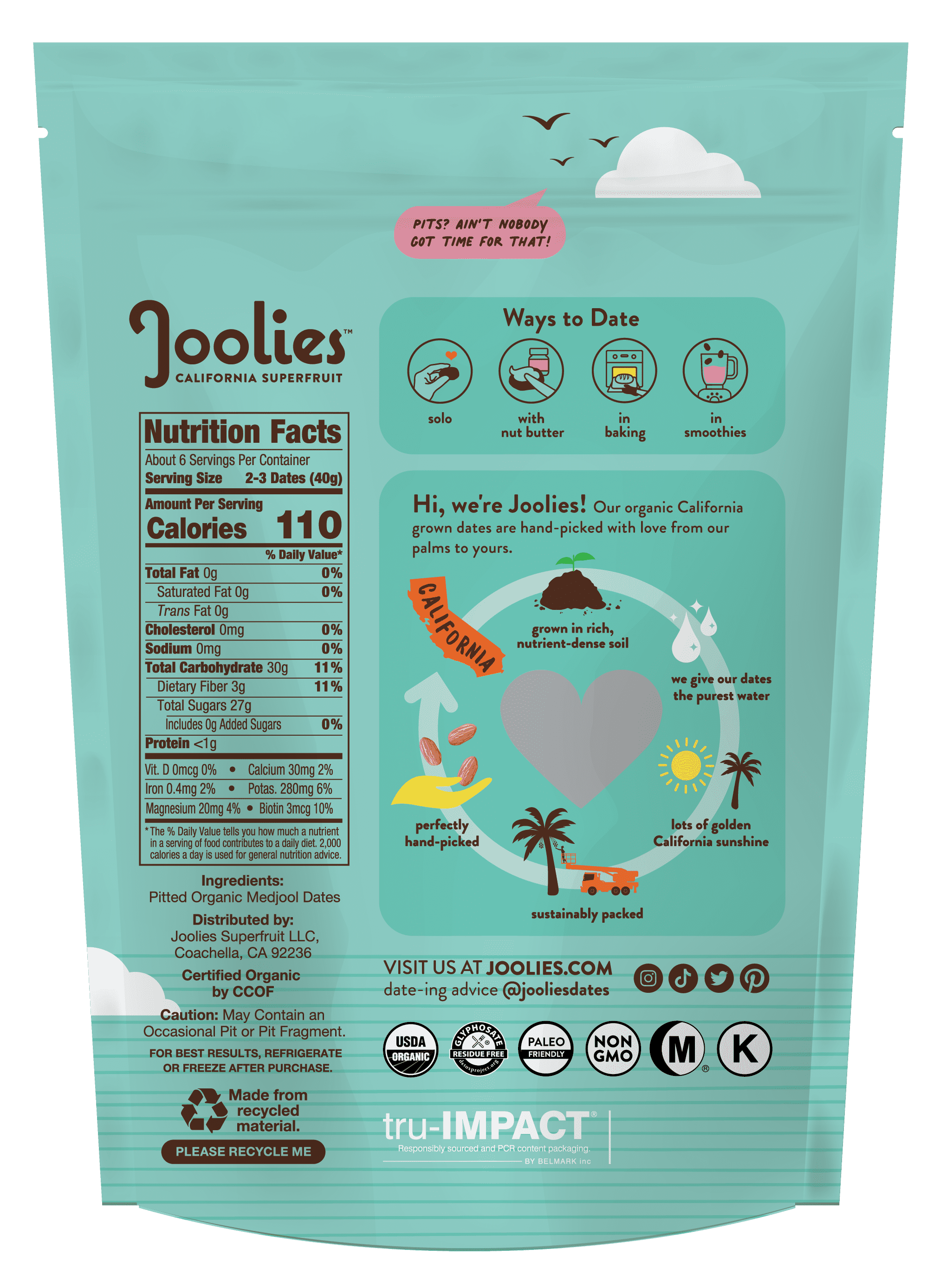 (3 pack) Joolies Organic Pit Free Medjool Dates, 9oz Pack - Fresh Dried Fruits