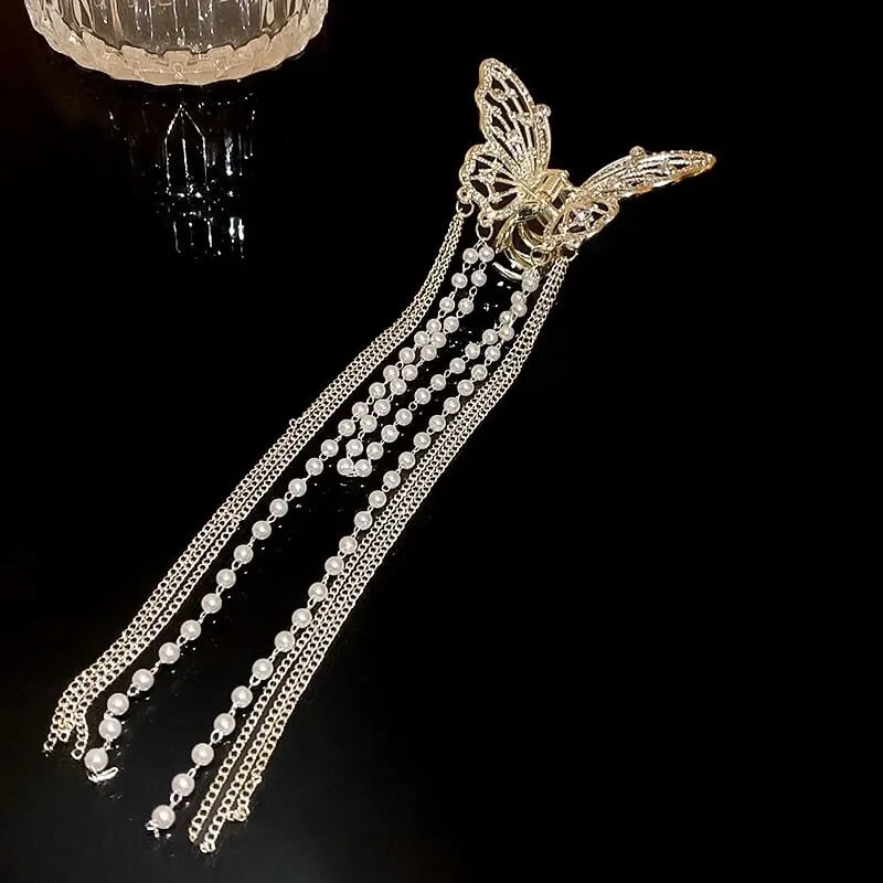 Butterfly Hair Clip With Long Tassel Hair Accessories For Women Elegant lmitationPearl Rhinestone Shark Hairpins Jewelry
