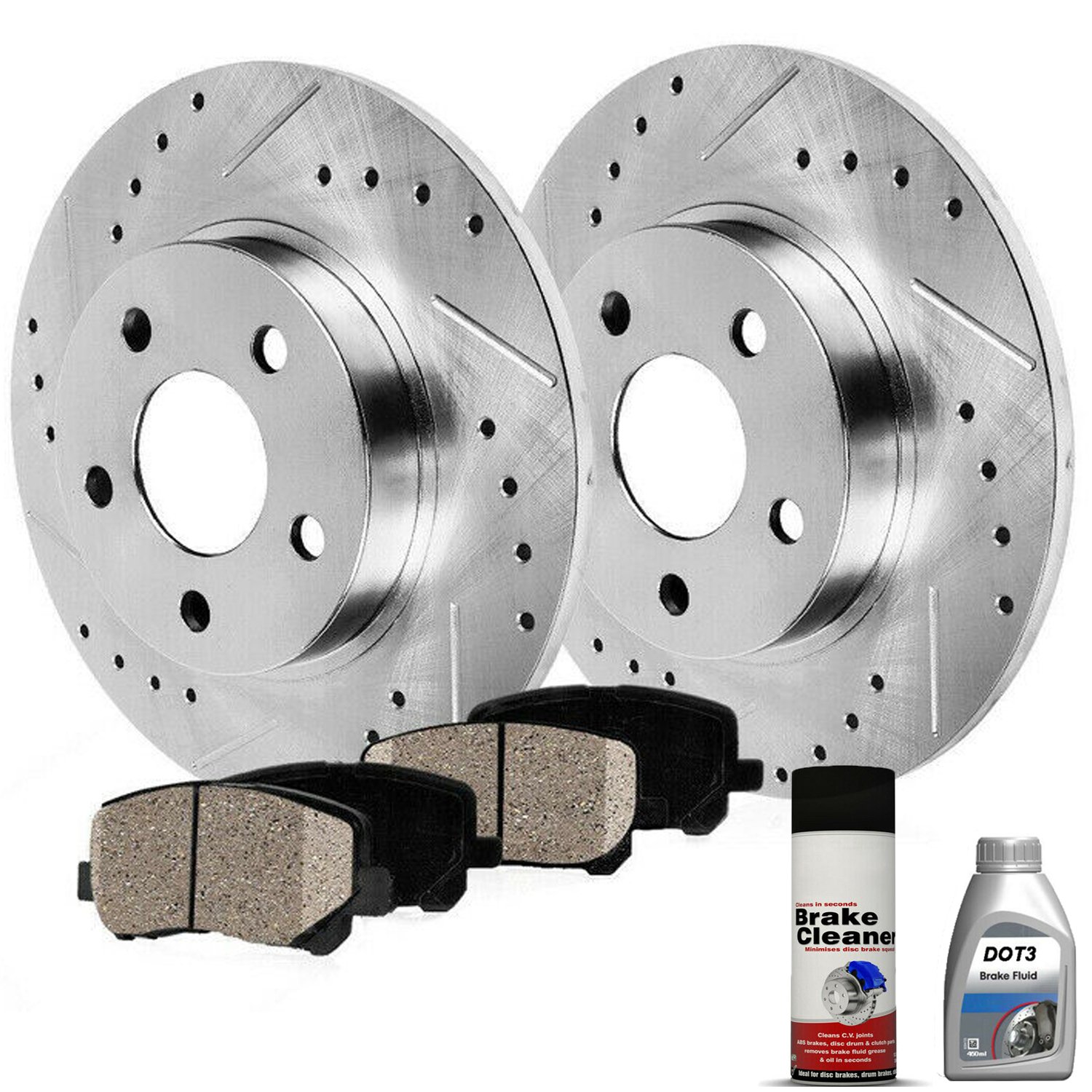 Front Drilled & Slotted Brake Rotors + Ceramic Brake Pads + Cleaner