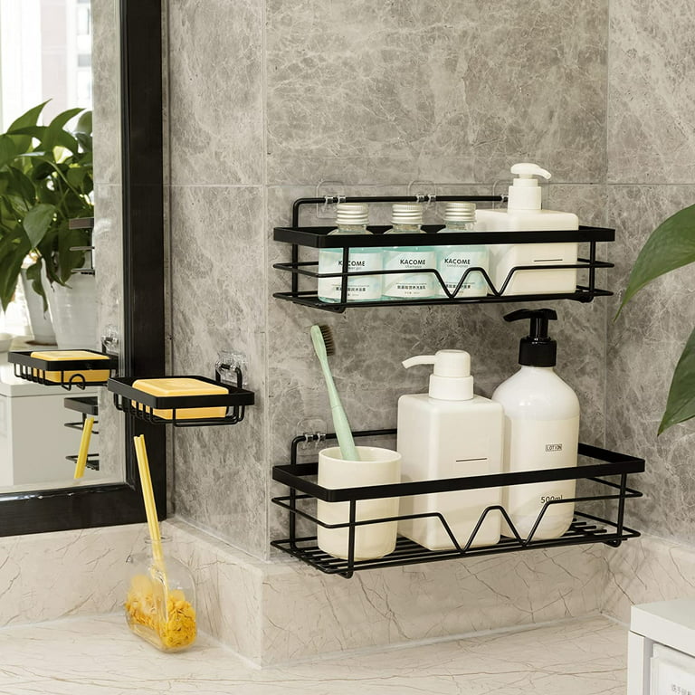 Hanging Shower Shelf，Black Bathroom Command Caddy Shelf with Hooks for  Shampoo Holder Razor Holder Towel Rack，Wall Shelf Storage for Kitchen