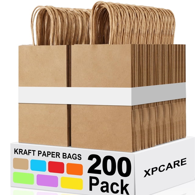 Bolsas de papel para regalo XPCARE, 200 unidades, papel kraft marrón con asas de 13 x 8,3 x 21 cm