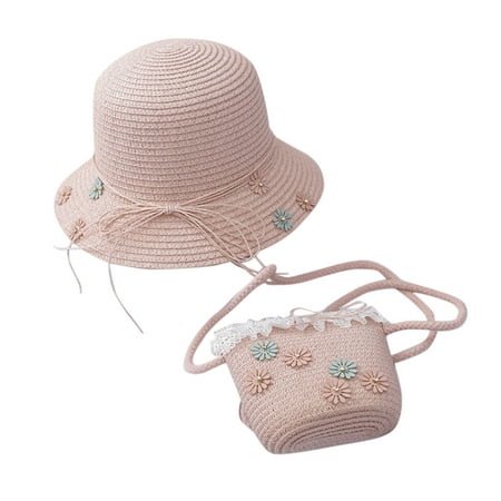 

AOMPMSDX Kids Hats Caps Girl Summer Sunscreen Sunshade Straw Beach Sun + Straw Bag Children Hat