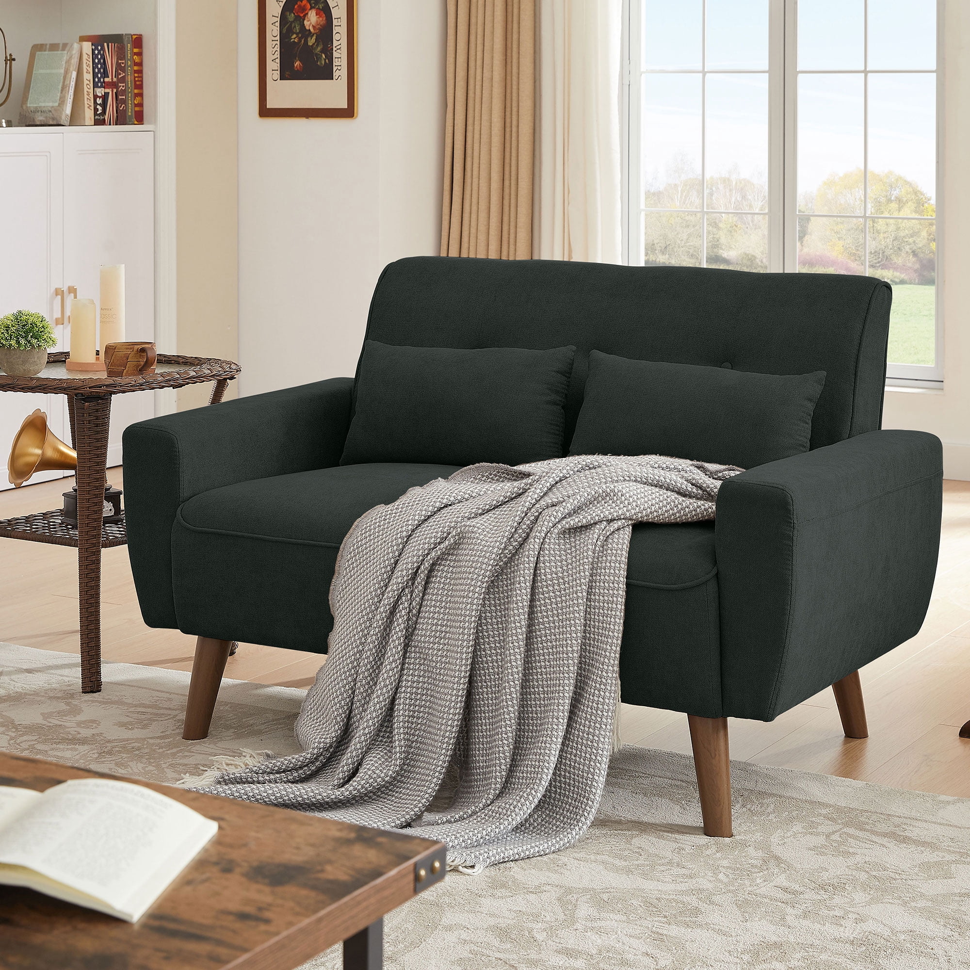 Jarenie 47" Small Modern Loveseat Sofa, Mid Century Linen Fabric 2-Seat Sofa Couch Tufted Love Seat with Back Cushions and Tapered Wood Legs for Living Room, Bedroom and Small Space Black