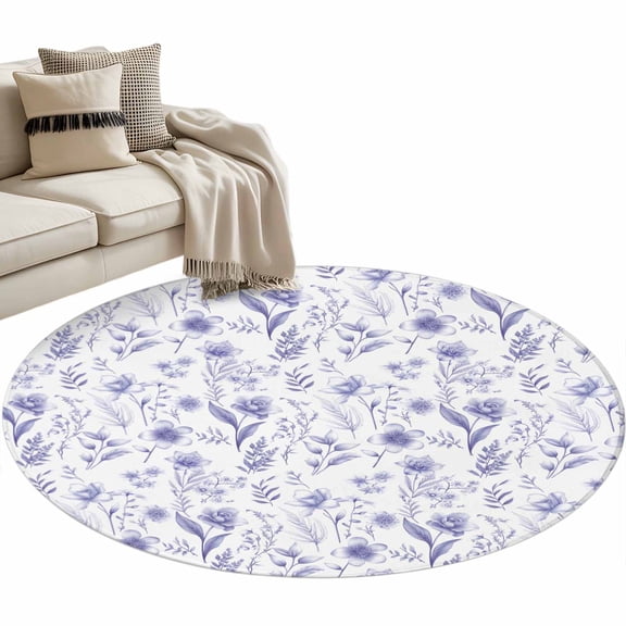 Elegant Purple Flowers Round Area Rug 3 FT, Small Kitchen Bathroom Mat, Spring Floral Botanical Summer Washable Indoor Outdoor Throw Runner Carpet Non-Shedding Doormat for Table Shower Sofa Entryway