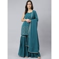 thumbnail image 3 of Janasya Indian Women's Teal Georgette Embossed Gold Print Top with Gharara and Dupatta, 3 of 10