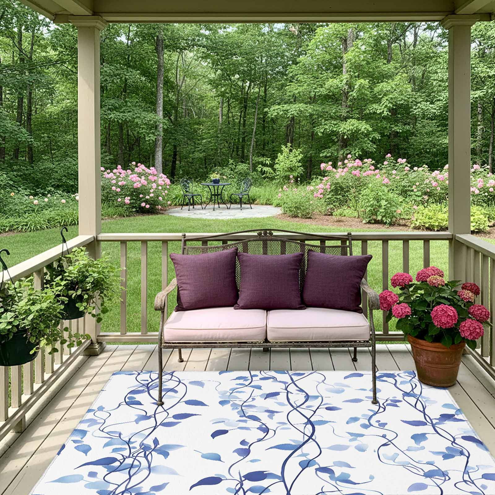 Outdoor Rug 5x8ft Ombre Blue Leaf Large Area Rug Plant Leaves Indoor Outdoor Carpet Outdoor Rugs Mats for Patio Camping,RV,Front Door, Outside Decor