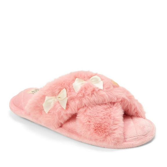 Dearfoams Women's Jessica Bows Furry Crossband Slide Slipper