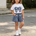thumbnail image 2 of YHAJDS Girl 2 Piece Summer Outfits Bow Short Sleeve Crewneck Tee Elastic Waist Jeans Shorts Set, 2 of 7