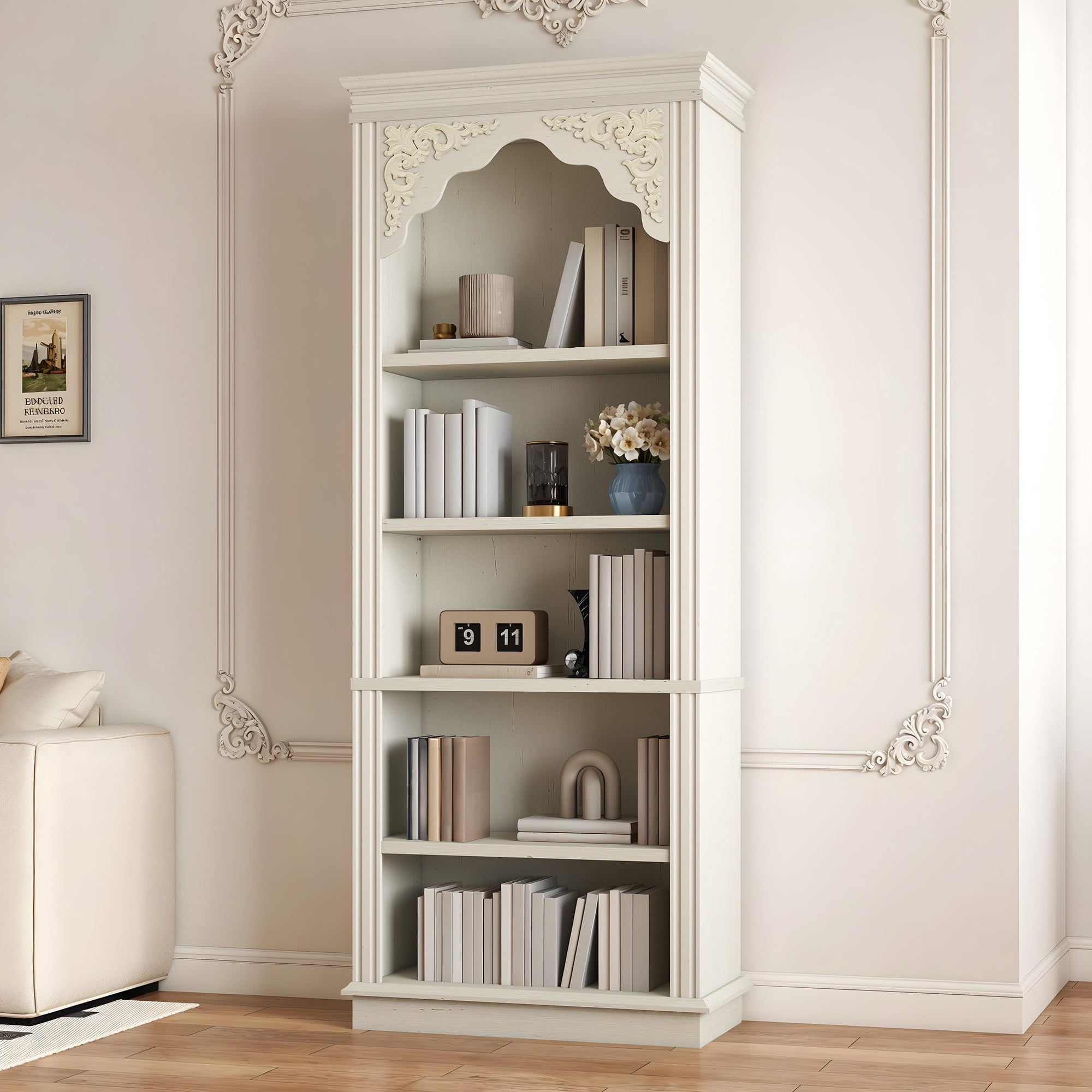Uforic 5-Tier Bookcase, Vintage Arched Tall Bookshelf with Adjustable Shelves, White Open Display Rack, 23.6"