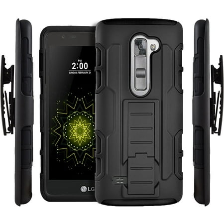 For 5" LG K7, Tribute 5, Treasure LTE Built-in Kickstand 3-Layer Protections Hard Back Cover Shockproof Resistant Belt Clip Heavy Duty Impact Bumper Phone Case [Black]