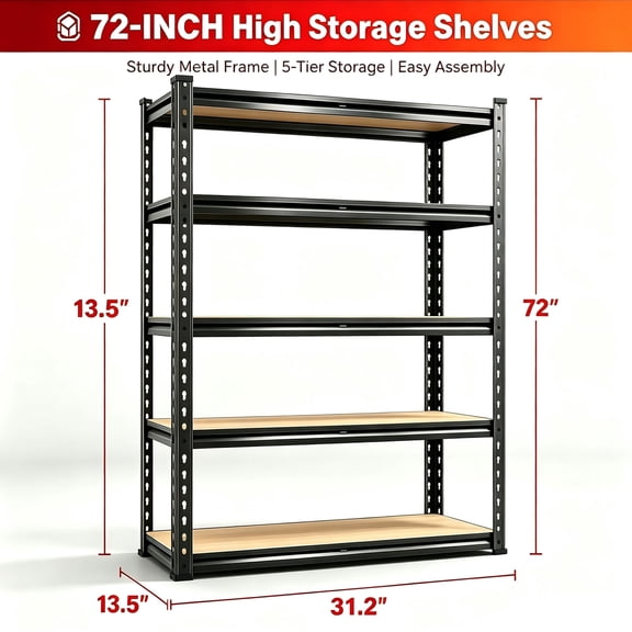 72 5-tier Storage Shelves - Garage Shelving - Heavy Duty Adjustable Garage Shelves