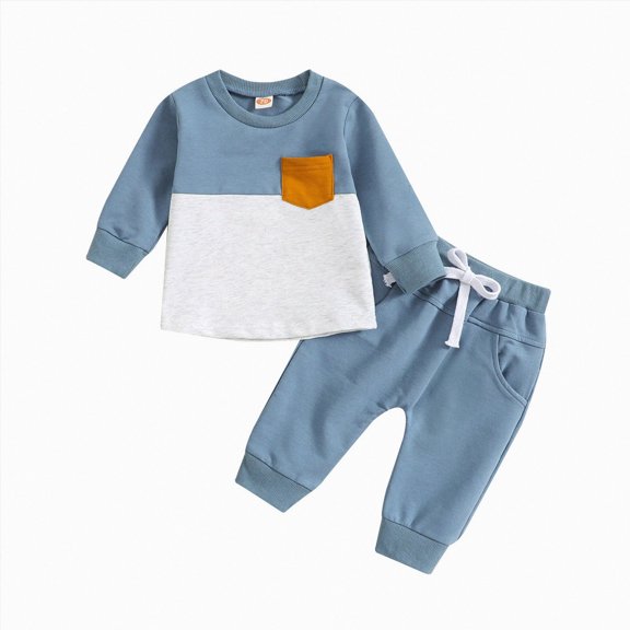 Toddler Baby Boy Clothes Fall Winter Outfit Patchwork Color Block Long Sleeve Sweatshirt Pullover Tops Stretch Pants Playwear Set Christmas 2PCS Set Kaprioy Boys