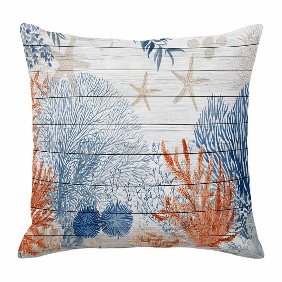 Throw Pillow Covers, Orange Navy Blue Coral Decorative Throw Pillow Covers 20x20 Inch, Summer Beach Coastal Ocean Wooden Square Linen Pillow Cases for Couch/Living Room/Sofa