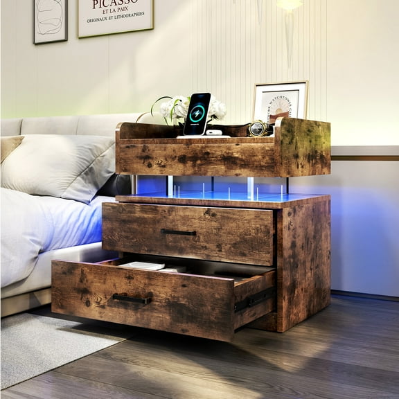 TC-HOMENY LED Nightstand with Charging Station, LED Voice-Activated Mode, 2 Drawers End Table with USB Charging Ports, Bedside Table for Bedroom, Living Room