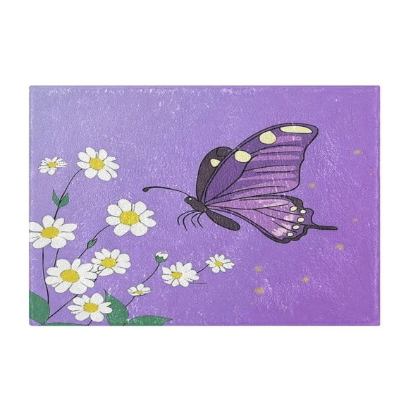 2 Piece Soft Bathroom Rug Set White Flowers and Purple Butterflies Bath Mat and U-Shaped Toilet Contour Rug (16"x24" 20"x24")