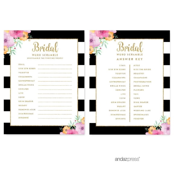 Koyal Wholesale Floral Gold Glitter Wedding Word Scramble Bridal Shower Game Cards 20-Pack