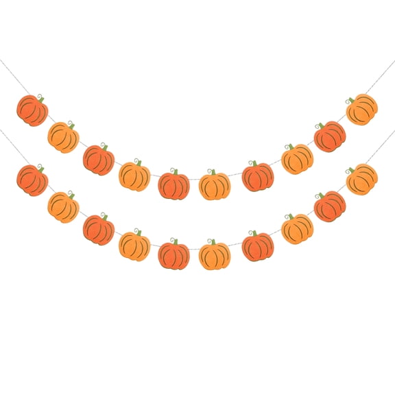 Halloween Pumpkin Garland Decorations, Double-Strand Fall Bunting with Orange Pumpkins and Green Stems for Thanksgiving Home Party Wall Decor
