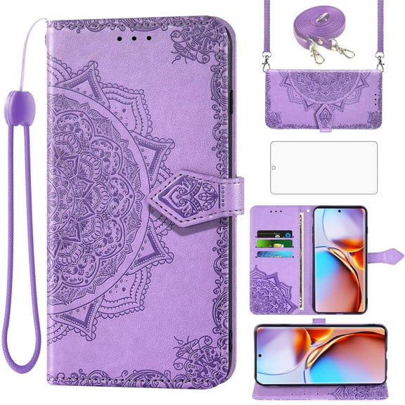 Asuwish Phone Case for Motorola Edge Plus 2023/Edge 40 Pro 5G/Moto X40 Wallet Cell Cover with Tempered Glass Screen Protector Flip Lanyard Wrist Strap Credit Card Holder Mandala Flower X Purple