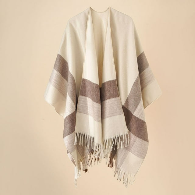 TINZ Cape Cardigan à Rayures pour Femmes, Bloc de Couleur, Automne Printemps Hiver, Coupe-Vent, Chaud, Mode, avec Manches, Franges