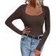 thumbnail image 3 of Camisetas de punto acanaladas ajustadas básicas con cuello cuadrado de manga larga sexy para mujer, 3 of 5