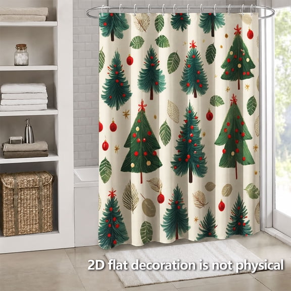 Hoease Christmas Tree Ornament Shower Curtain, 71W x 71L Inch Waterproof Fabric Bathroom Curtain with 12 Hooks, Festive Xmas Bathroom Decor