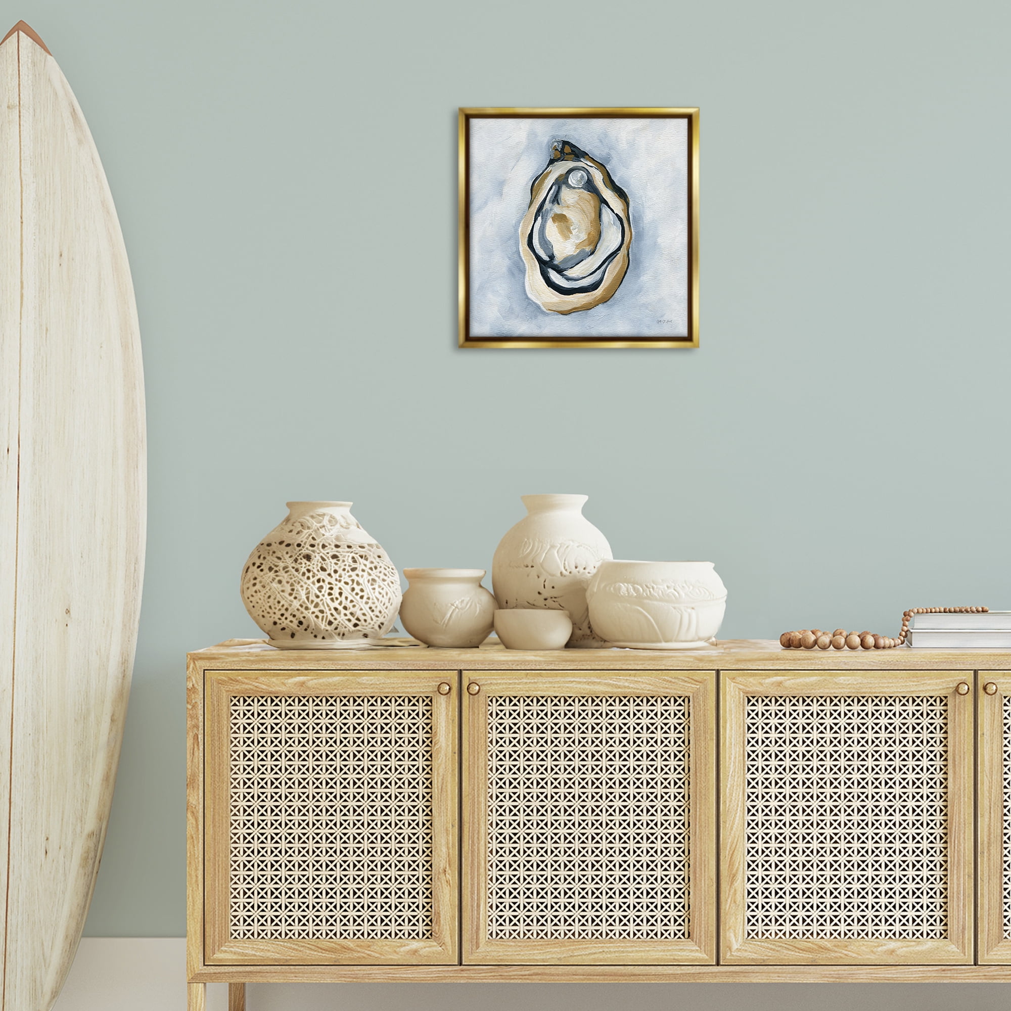 Stupell Industries Oyster with Pearl Coastal Painting Gold Floater Framed Canvas Art Print Wall Art, 18 x 18